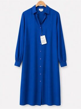 Pure Silk Shirt Dress Button Front Royal Blue 100% Silk Hong Kong Sz 14 NWT